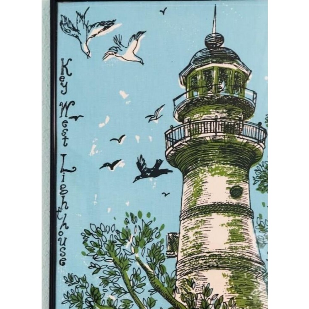 Framed Vtg Key West Fabrics Linen Tea Towel Lighthouse Tree Blue by Zuzek